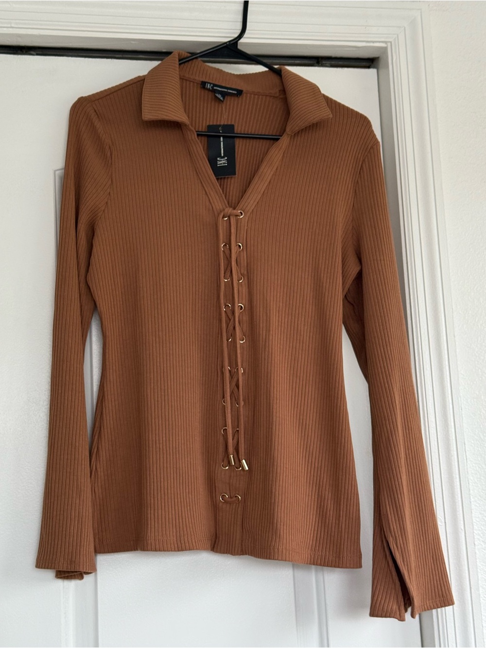 INC International Concepts Ribbed Lace-Up Collared Top - Brown